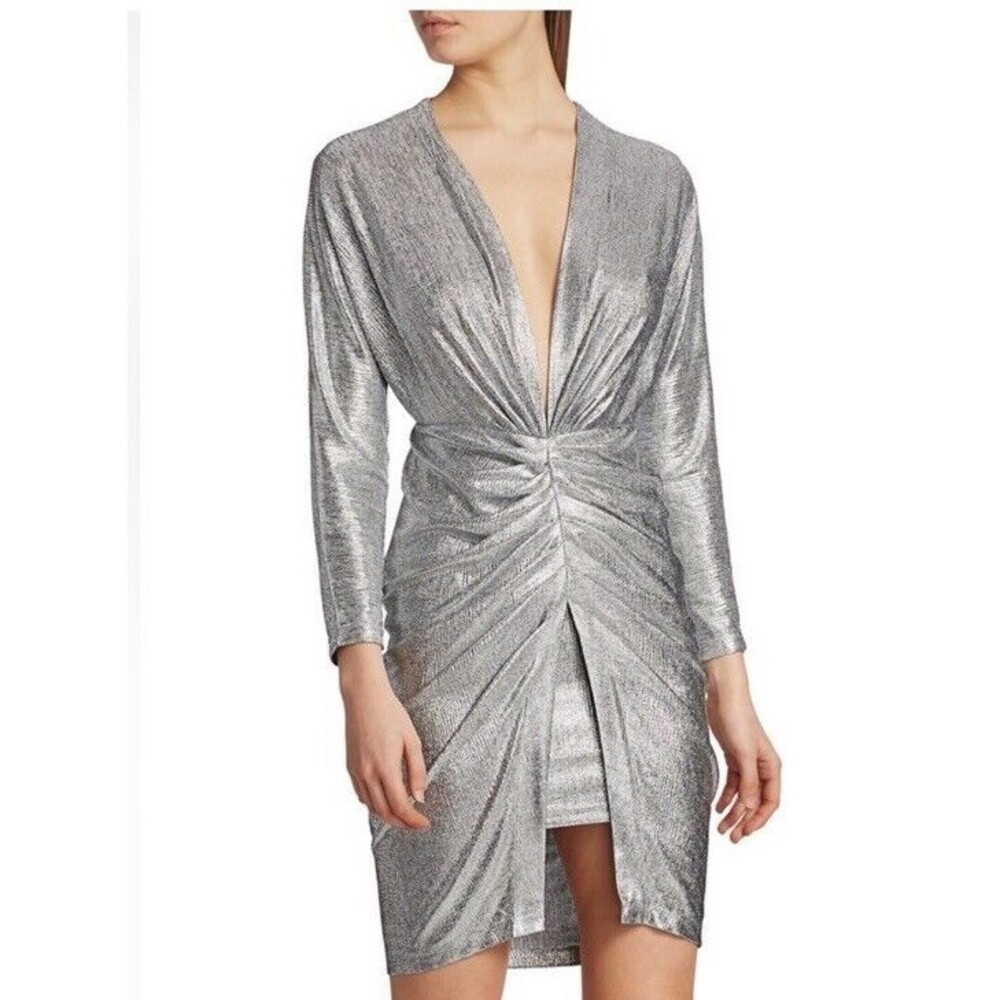 IRO Cilty Ruched Metallic Mini Dress Small Silver NWT Size S